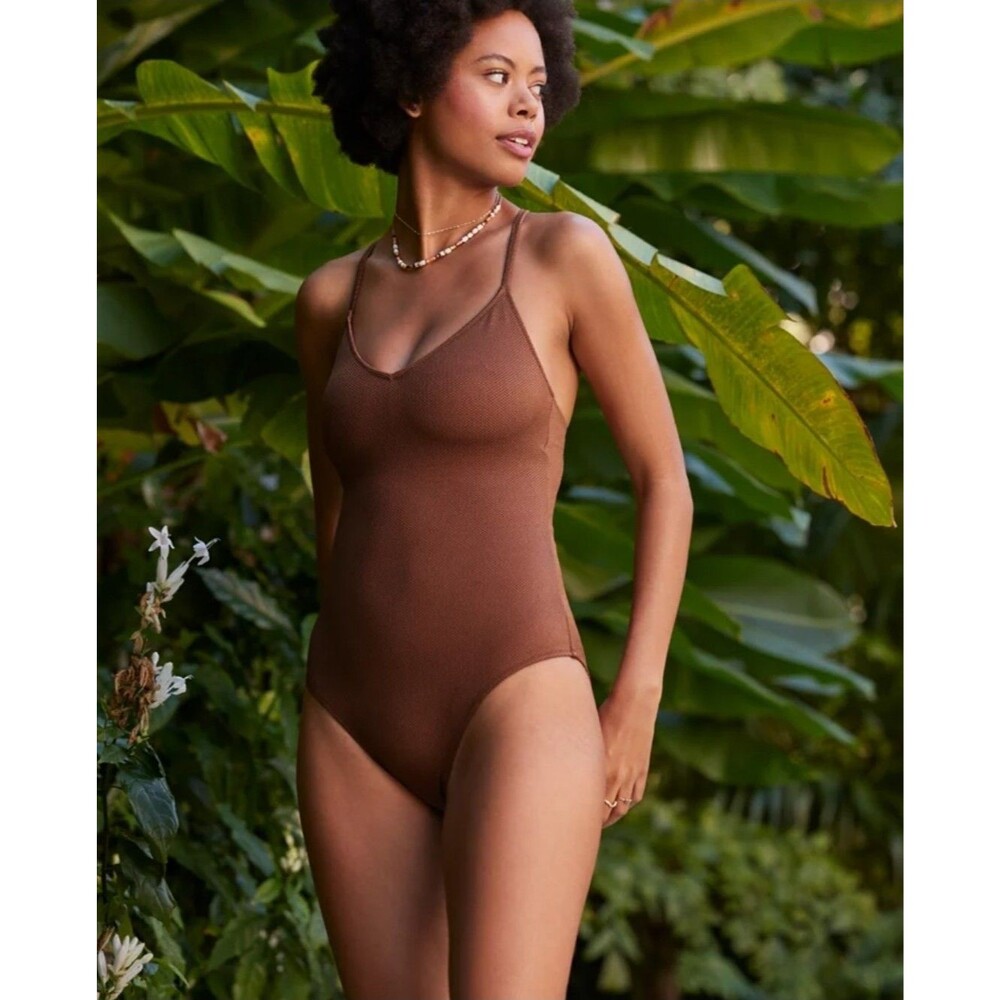 Aerie Shine Pique Strappy Back One Piece Swimsuit Brown Size L Style: 0751-4834